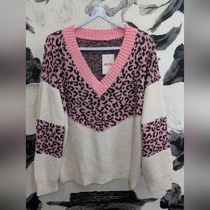 Pink and White Leopard V-Neck Sweater